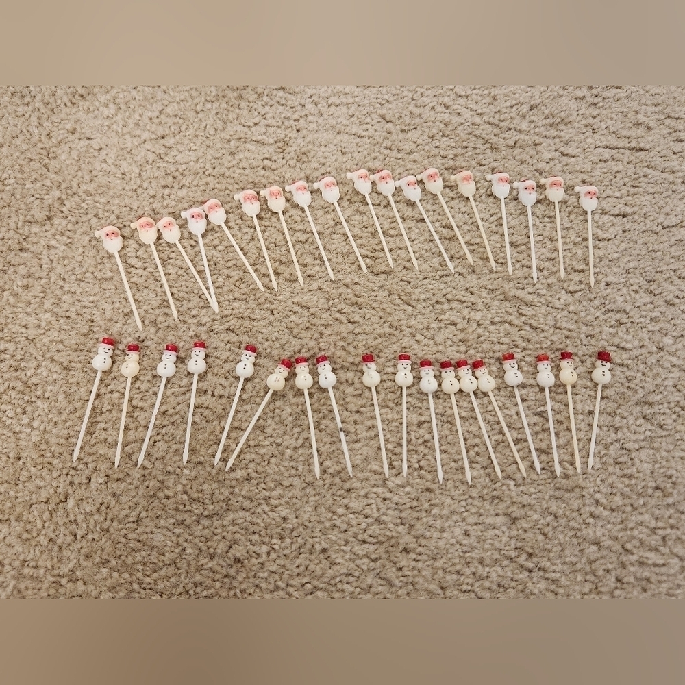 Set Of 36 VTG Toothpicks Snowman Santa Claus Christmas Holiday Plastic